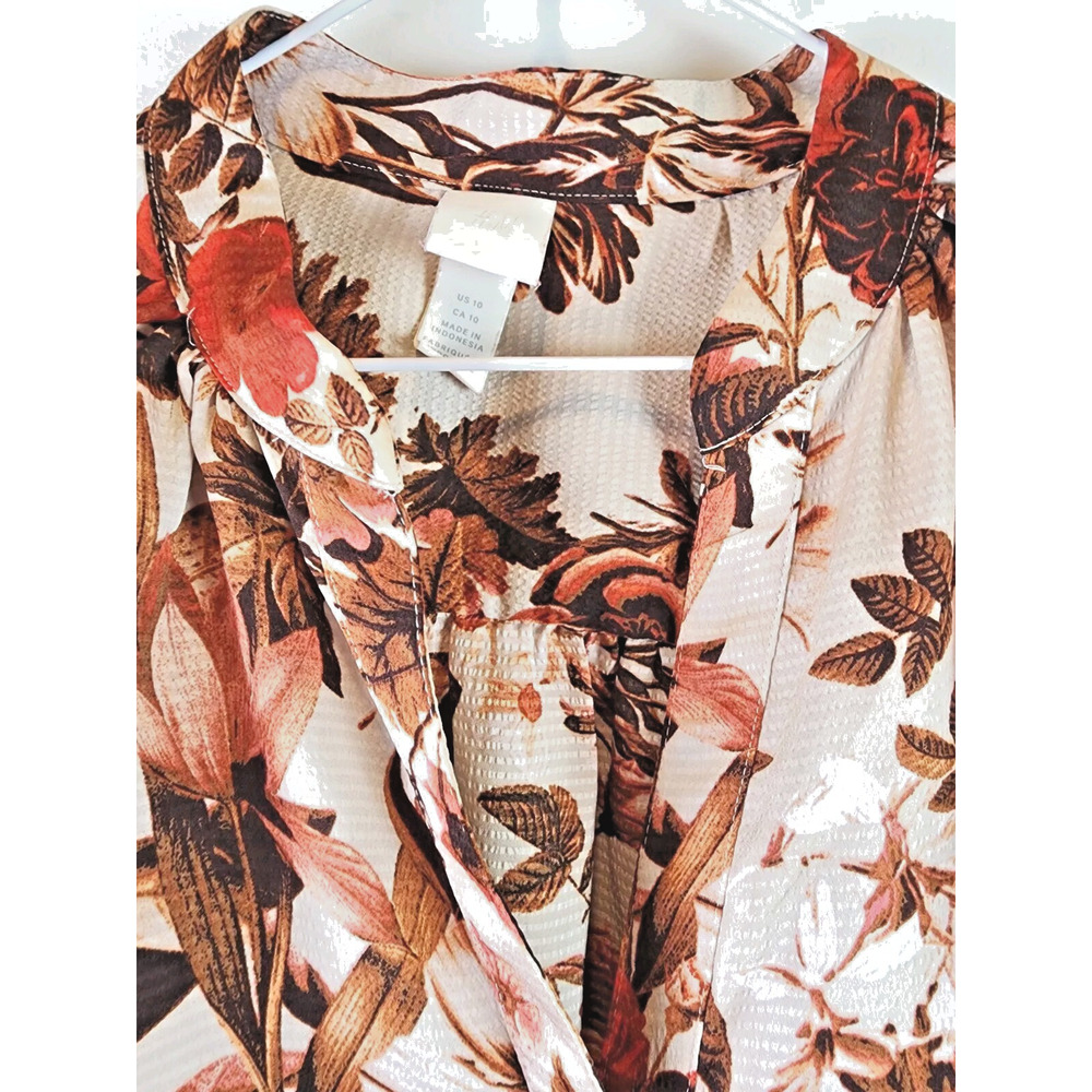 H&M Short Floral Fall Colors Red and Brown Shift Dress Long Sleeve Button Down - Picture 2 of 14